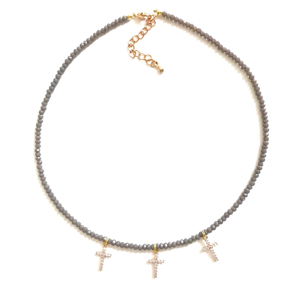 Rose Gold Crosses Grey Beaded